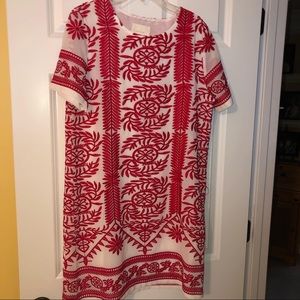 all:row red embroidered dress